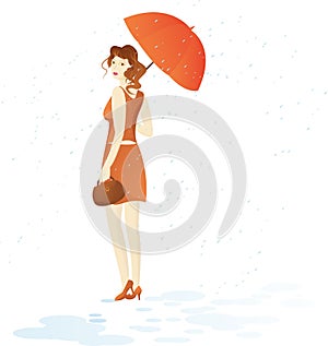 Girl walk with umbrella under rain