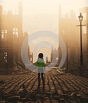Girl walking alone in abandoned city