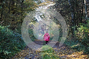 Girl walking through an autumn forest