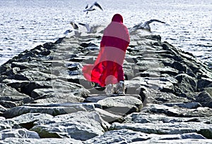 Girl walking on Breakwater in red cape with gulls