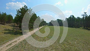 Girl walking on a country road. Aerial shot