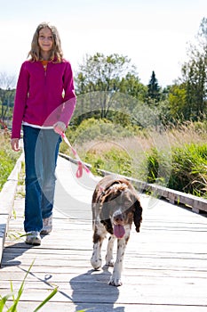 Girl walking a dog photo