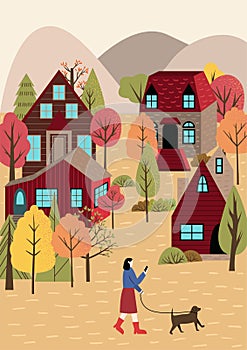 Girl walking the dog in autumn city street. Colorful trees with orange, red and green leaves  and cozy houses in the background