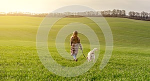 Girl walking dog on green field