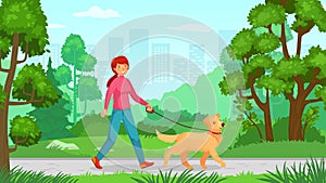 Girl walking with dog. Person walk canine