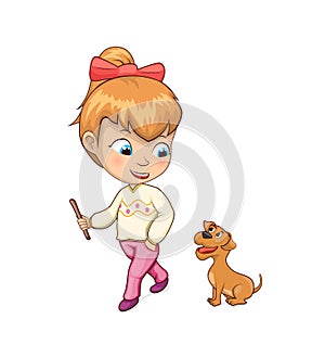 Girl Walking Dog and Playing Vector Illustration