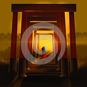 Girl walking through famous tunnel lines of orange Torii column against sunset