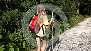 Girl Walking in Forest, Child Hiking at Camping in Mountains Trails, Teenager Kid Playing in Wood Adventure, Summer Trip Vacation