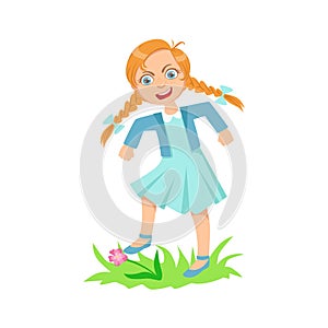 Girl Walking On Lawn Grass Breaking Flowers Teenage Bully Demonstrating Mischievous Uncontrollable Delinquent Behavior