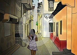 Girl walking through Mombasa old town