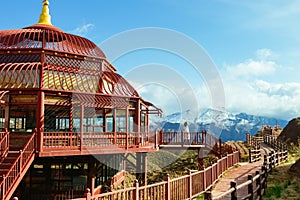 Girl walking on mountain top at Pingshan Lake Valley