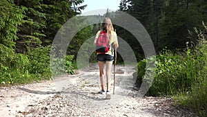 Girl Walking in Mountains Trails at Camping, Child Hiking in Alpines, Teenager Kid Playing in Montane Adventure, Trip, Excursion