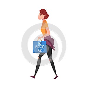 Girl Walking with Paper Shopping Bag with No Plastic Bag Inscription, Reducing Plastic Campaign, Protection of