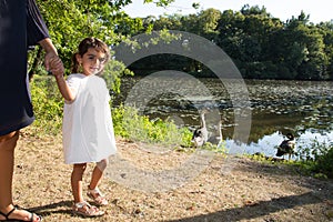 Girl walking in park in mother hand near lake river with geese duck in water