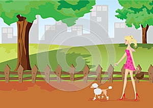 Girl is walking in park with poodle dog