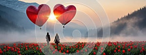 The girl walking in red tulip field, a heart shaped balloon ahead.concepts of Valentine's Day
