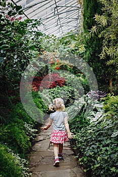 girl walking on stone path in botanical garden greenhouse with green trees, plants and colorful flowers