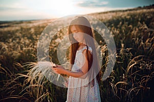 Girl walking on a wheat field holding wheat spike at beautiful sunset. Freedom and fresh air concept.