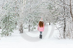 Girl walking in the winter forest, backview