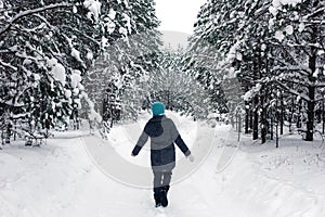 A girl is walking in the winter snowy forest.