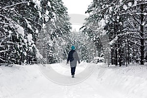 A girl is walking in the winter snowy forest. Back view