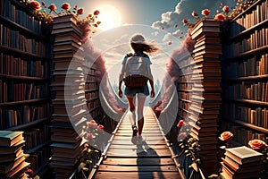 a girl walks along the bridge of knowledge, the road of learning