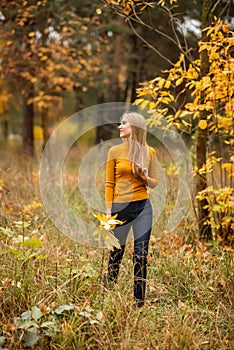 Girl walks in the autumn forest. A young woman on a background of yellow and orange leaves