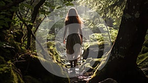Girl walks barefoot through a fairy forest.