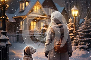 a girl walks with a dog along the snow-covered streets, lit by lanterns, in winter, ai generated