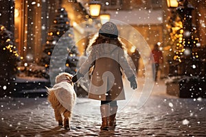 a girl walks with a dog along the snow-covered streets, lit by lanterns, in winter, ai generated
