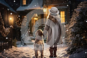 a girl walks with a dog along the snow-covered streets, lit by lanterns, in winter, ai generated