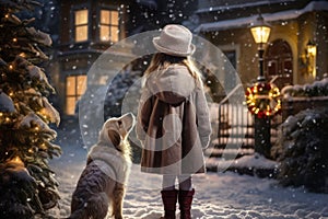 a girl walks with a dog along the snow-covered streets, lit by lanterns, in winter, ai generated