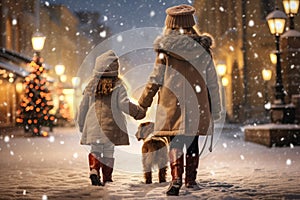 a girl walks with a dog along the snow-covered streets, lit by lanterns, in winter, ai generated