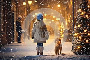 a girl walks with a dog along the snow-covered streets, lit by lanterns, in winter, ai generated