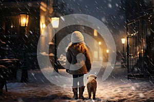 a girl walks with a dog along the snow-covered streets, lit by lanterns, in winter, ai generated