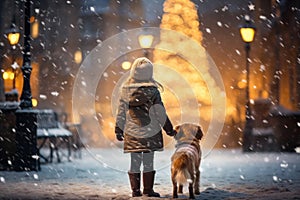 a girl walks with a dog along the snow-covered streets, lit by lanterns, in winter, ai generated