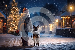 a girl walks with a dog along the snow-covered streets, lit by lanterns, in winter, ai generated