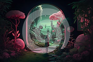 A girl walks in a fabulous fantasy garden. Neural network AI generated