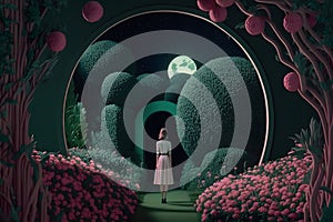 A girl walks in a fabulous fantasy garden. Neural network AI generated