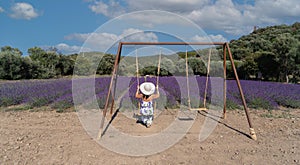 girl in walks in a field of lavender. View from the back, south sardinia photo