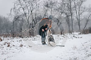 The girl walks the husky dog in winter. Snowfall. Walking in nature with pets