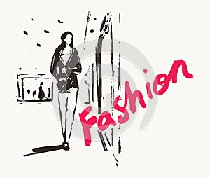 Girl walks past shop window drawn vector sketch