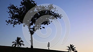 Girl walks from the top of the hill