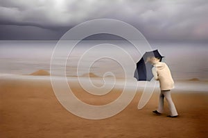 A girl walks towards the wind, covering herself with an umbrella