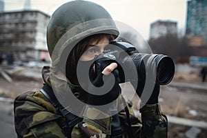 Girl war correspondent photographs the fighting. concept of war in Ukraine. Generative AI