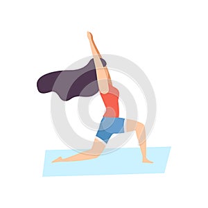 Girl in Warrior Pose, Young Woman Practicing Yoga, Physical Workout Training Vector Illustration