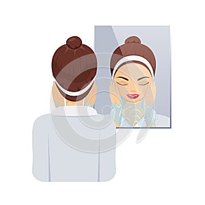 Girl washed off daily make-up near mirror on face.