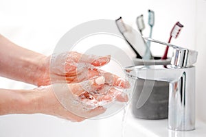 Girl Washes Hands With Liquid Soap