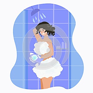 Girl washes in the shower with a washcloth