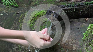 Girl Washing Hands in River Water, Kid Playing in Spring Waterfall, Child Hiking at Camping in Mountains Trails, Trip, Excursion